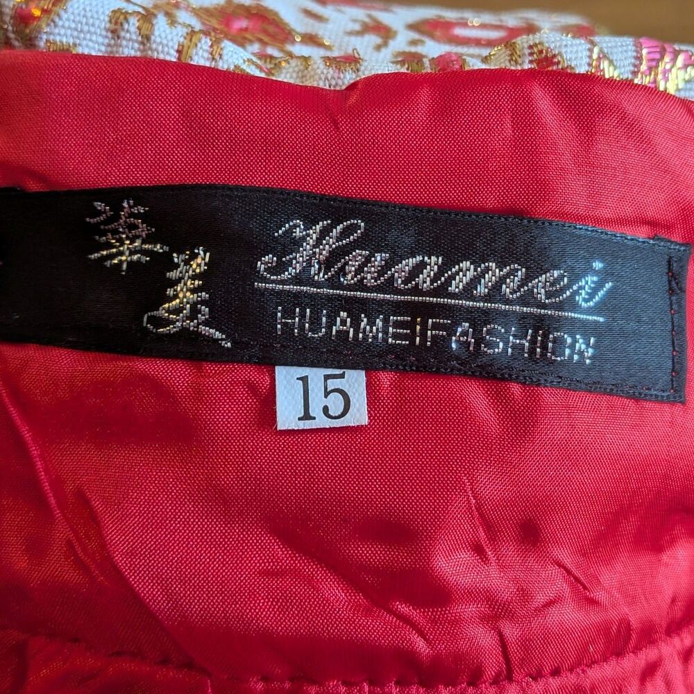 Huamei Red Brocade Jacket Traditional Chinese Gold Frog Closure Size 15 - Picture 8 of 15